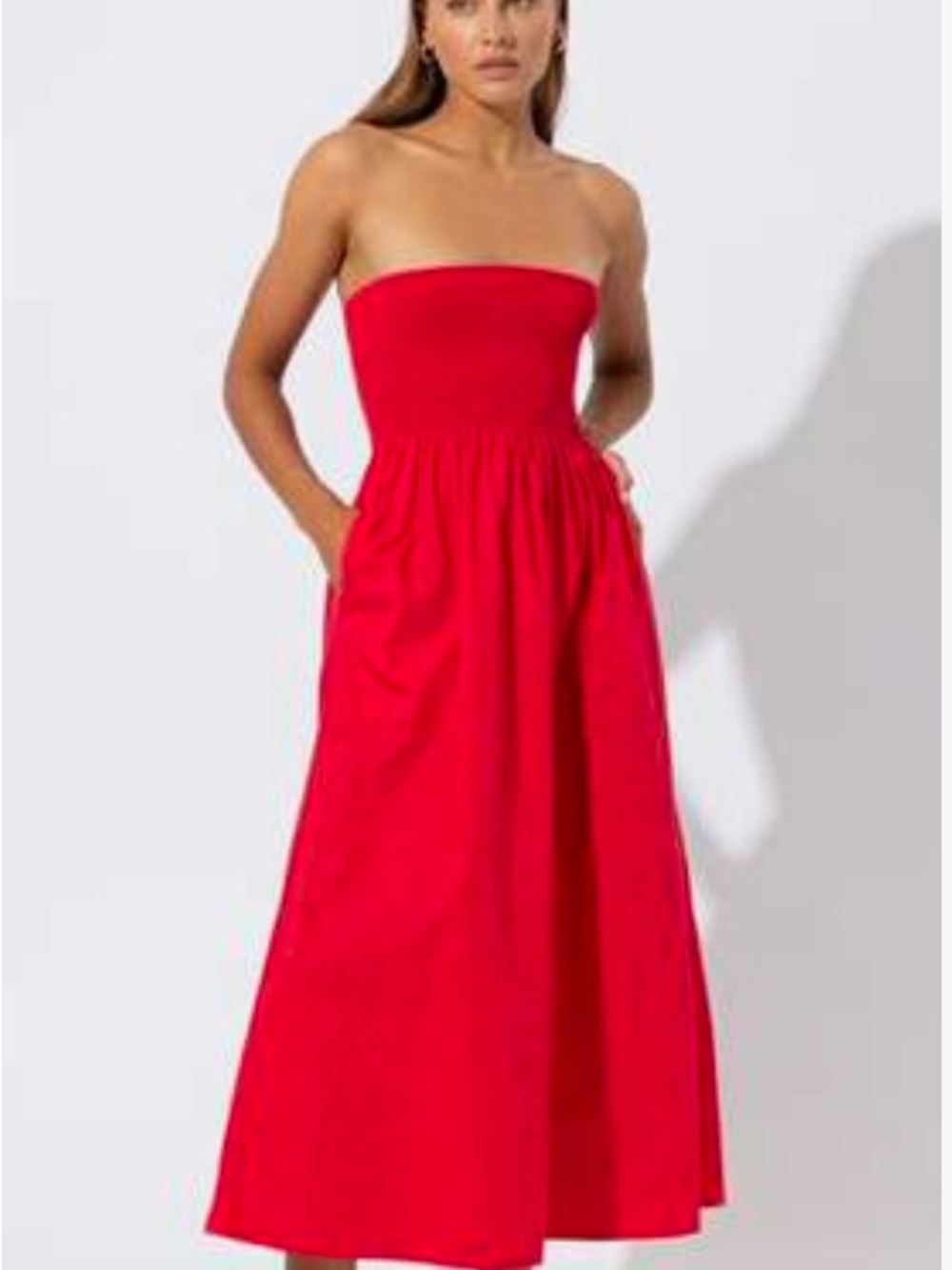 Lusana Dion cotton poplin Smocked Bandeau Midi Dress in Bright Red